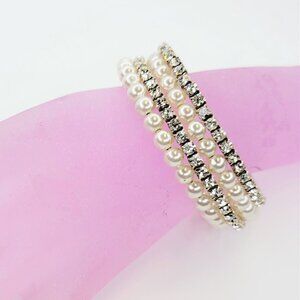 White Fashion Pearls and Crystals Four Coil Link Wrap Around Stretch Bracelet